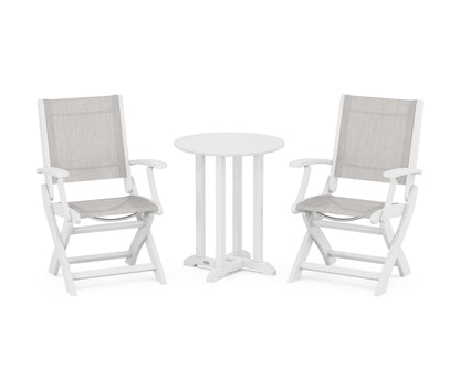 POLYWOOD® Coastal Folding 3-Piece Round Bistro Dining Set in White / Parchment Sling