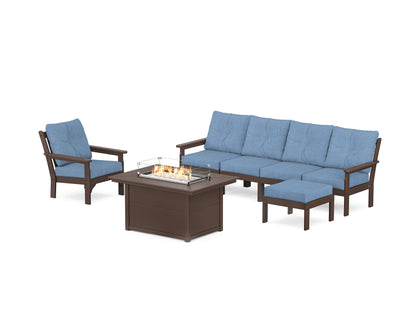 POLYWOOD® Vineyard Sectional Lounge and Fire Pit Set in Mahogany / Sky Blue