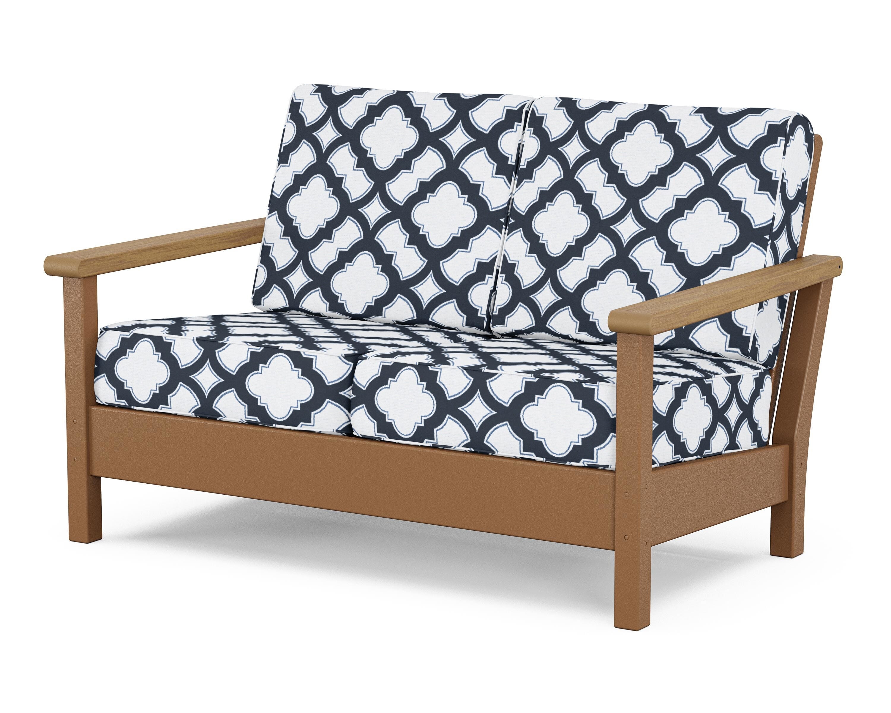 POLYWOOD® Harbour Deep Seating Loveseat in Teak / Natural / Trellis Marine Indigo