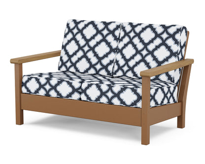 POLYWOOD® Harbour Deep Seating Loveseat in Teak / Natural / Trellis Marine Indigo