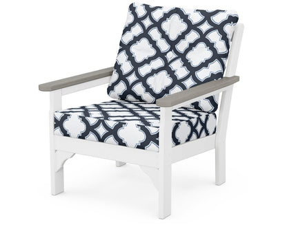 POLYWOOD® Vineyard Deep Seating Chair in White / Driftwood / Trellis Marine Indigo