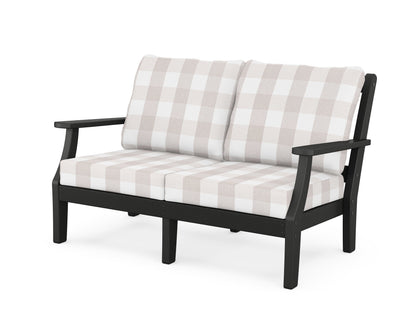 Martha Stewart by POLYWOOD® Chinoiserie Deep Seating Loveseat in Black / Buffalo Plaid Dune Burlap