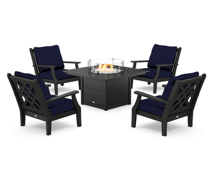 Country Living Wovendale 5-Piece Deep Seating Set with Fire Pit Table in Black / Navy