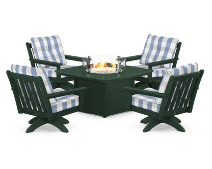 POLYWOOD® Vineyard 5-Piece Deep Seating Swivel Conversation Set with Fire Pit Table in Green / Buffalo Plaid Sky Blue