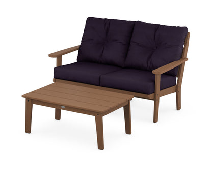 POLYWOOD® Lakeside 2-Piece Lounge Loveseat Set in Teak / Navy Linen