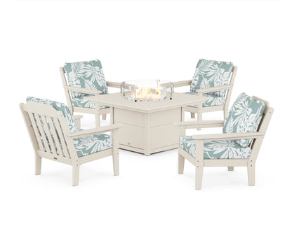 Country Living Cottage 5-Piece Deep Seating Set with Fire Pit Table in Sand / Leaf Glacier Spa