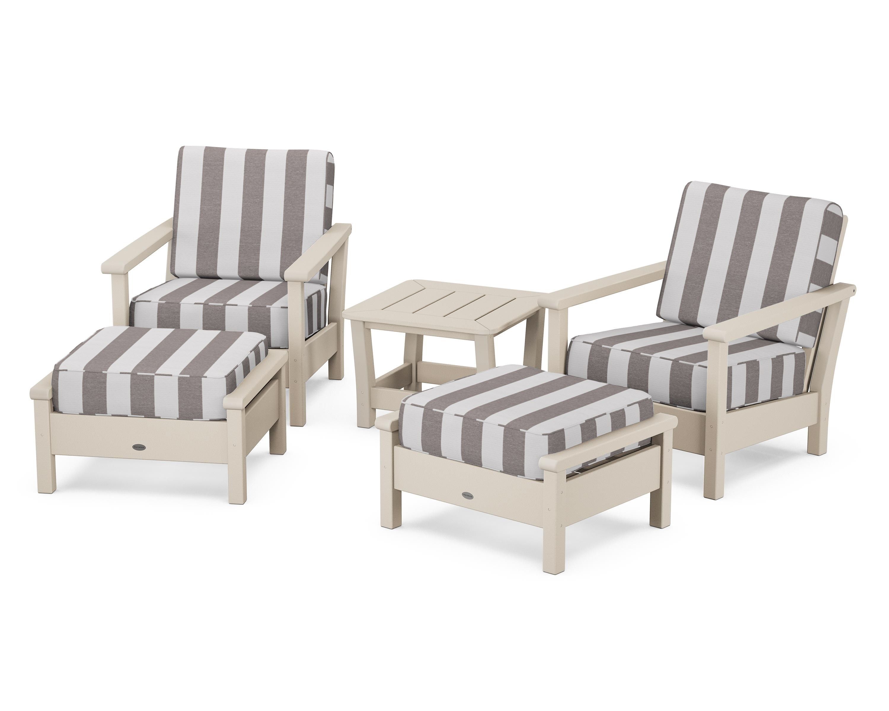 POLYWOOD® Harbour 5-Piece Deep Seating Chair Set in Sand / Cabana Stripe Grey Mist