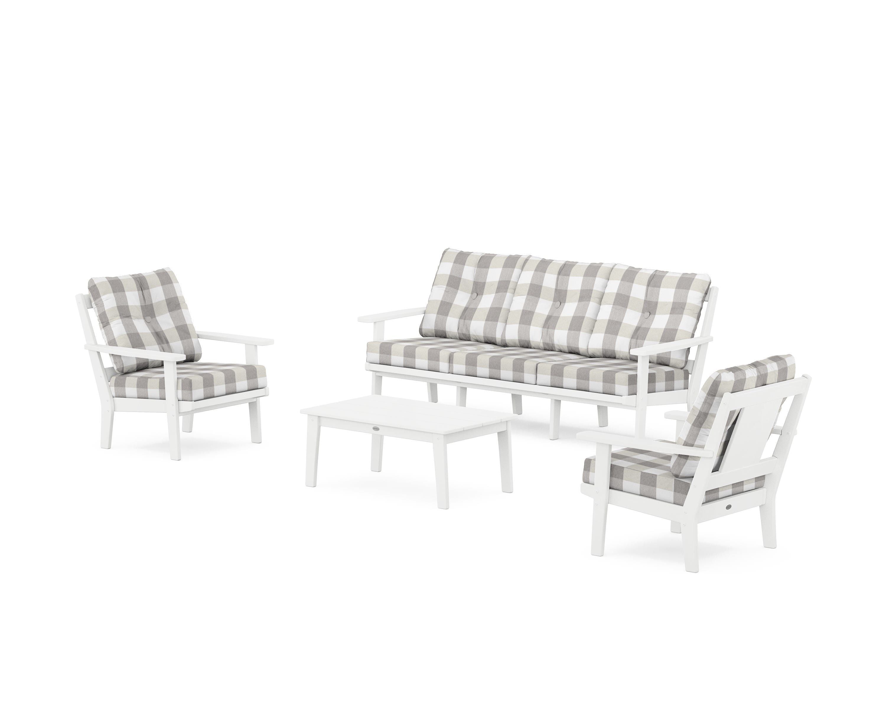 POLYWOOD® Prairie 4-Piece Deep Seating Set with Sofa in White / Buffalo Plaid Grey Mist