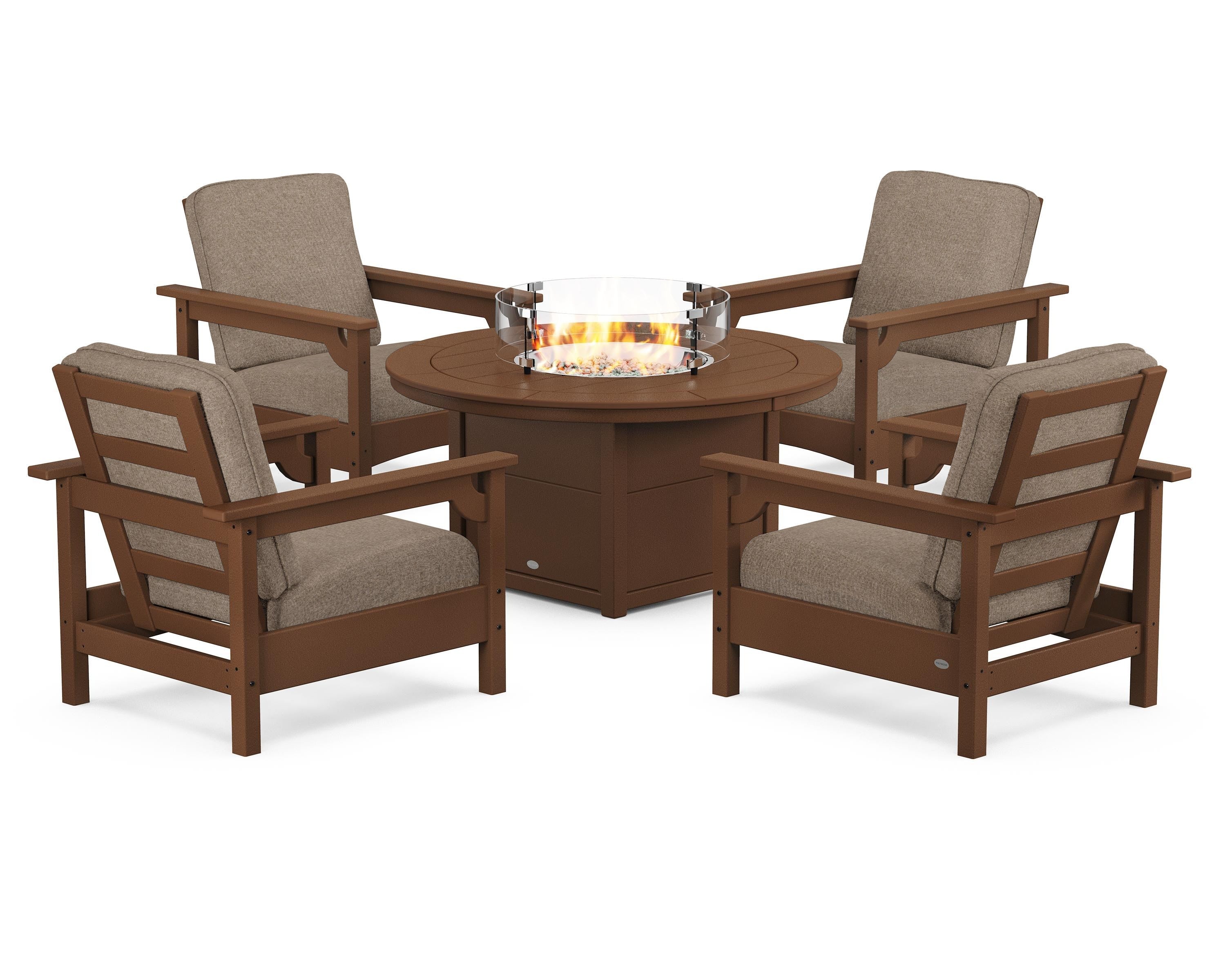 POLYWOOD® Club 5-Piece Conversation Set with Fire Pit Table in Teak / Spiced Burlap