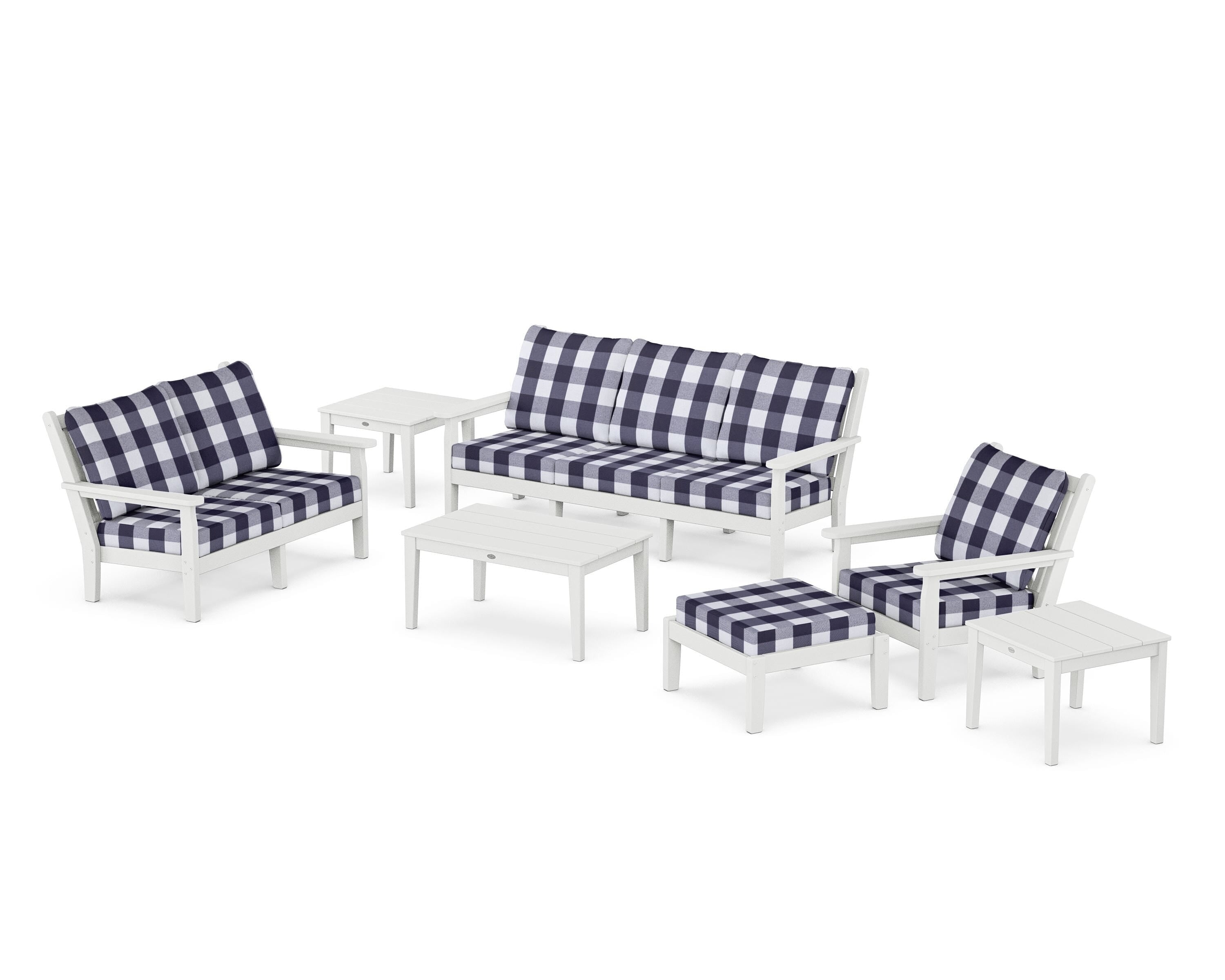POLYWOOD® Chippendale 7-Piece Deep Seating Set in White / Buffalo Plaid Navy