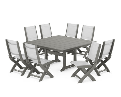 POLYWOOD® Coastal Folding Side Chair 9-Piece Farmhouse Dining Set in Slate Grey / White Sling