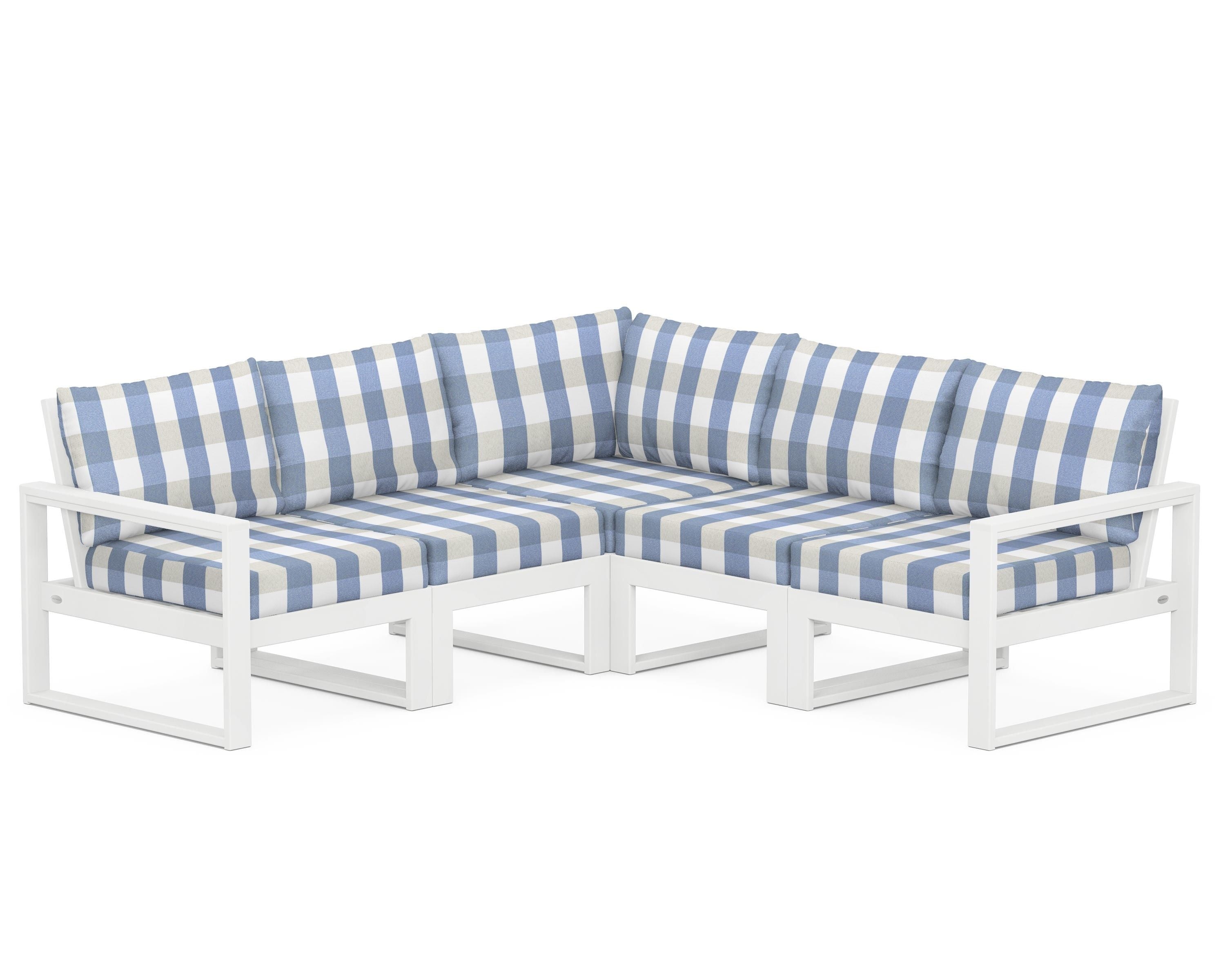 POLYWOOD® EDGE 5-Piece Modular Deep Seating Set in White / Buffalo Plaid Sky Blue