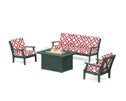 POLYWOOD® Braxton Deep Seating Fire Pit Table Set in Green / Trellis Crimson
