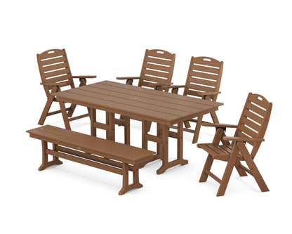 POLYWOOD® Nautical Highback 6-Piece Farmhouse Dining Set with Bench in Teak