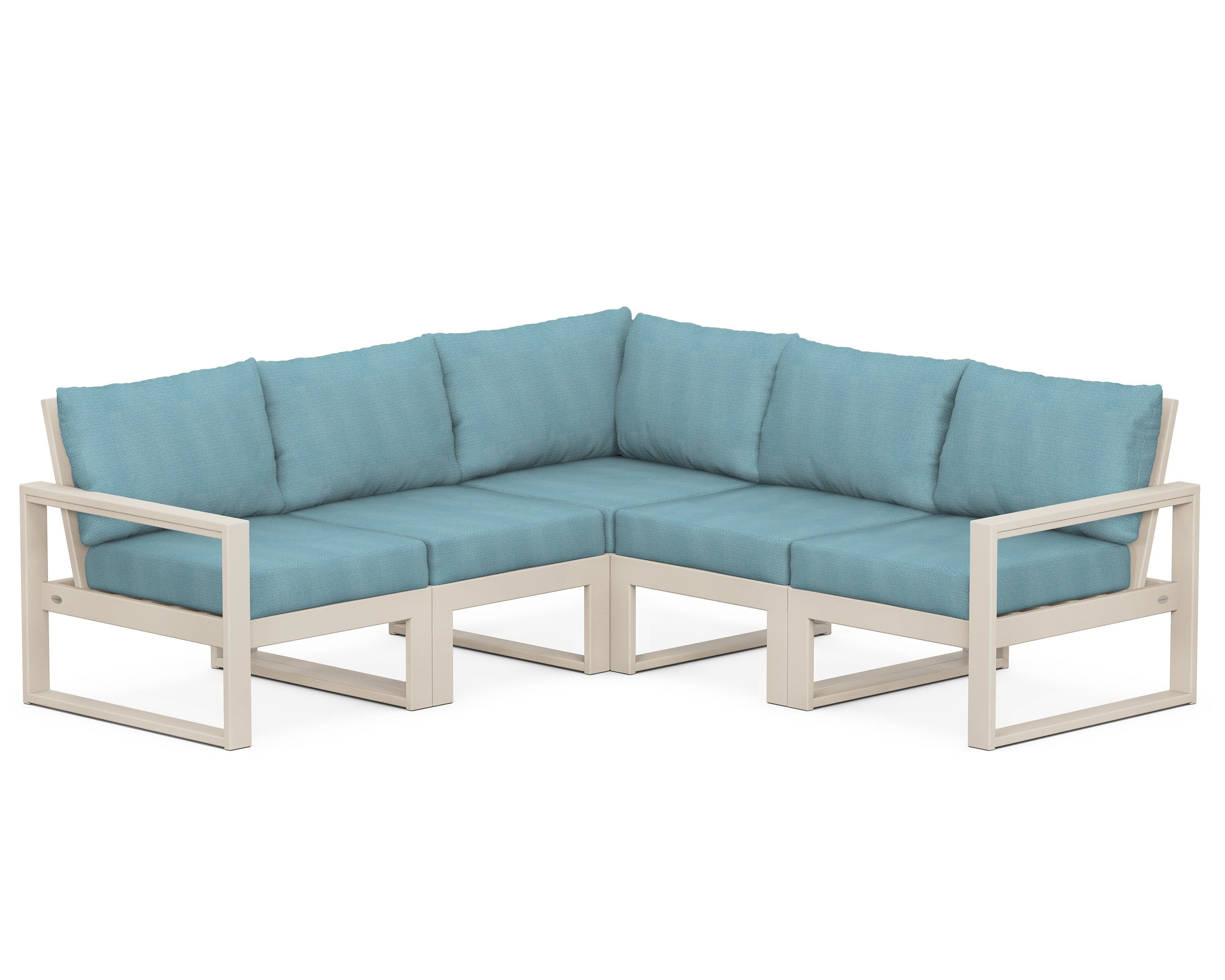 POLYWOOD® EDGE 5-Piece Modular Deep Seating Set in Sand / Lattice Sky Blue