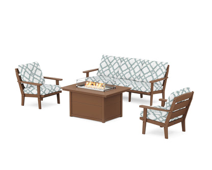 POLYWOOD® Lakeside Deep Seating Fire Pit Table Set in Teak / Trellis Glacier Spa