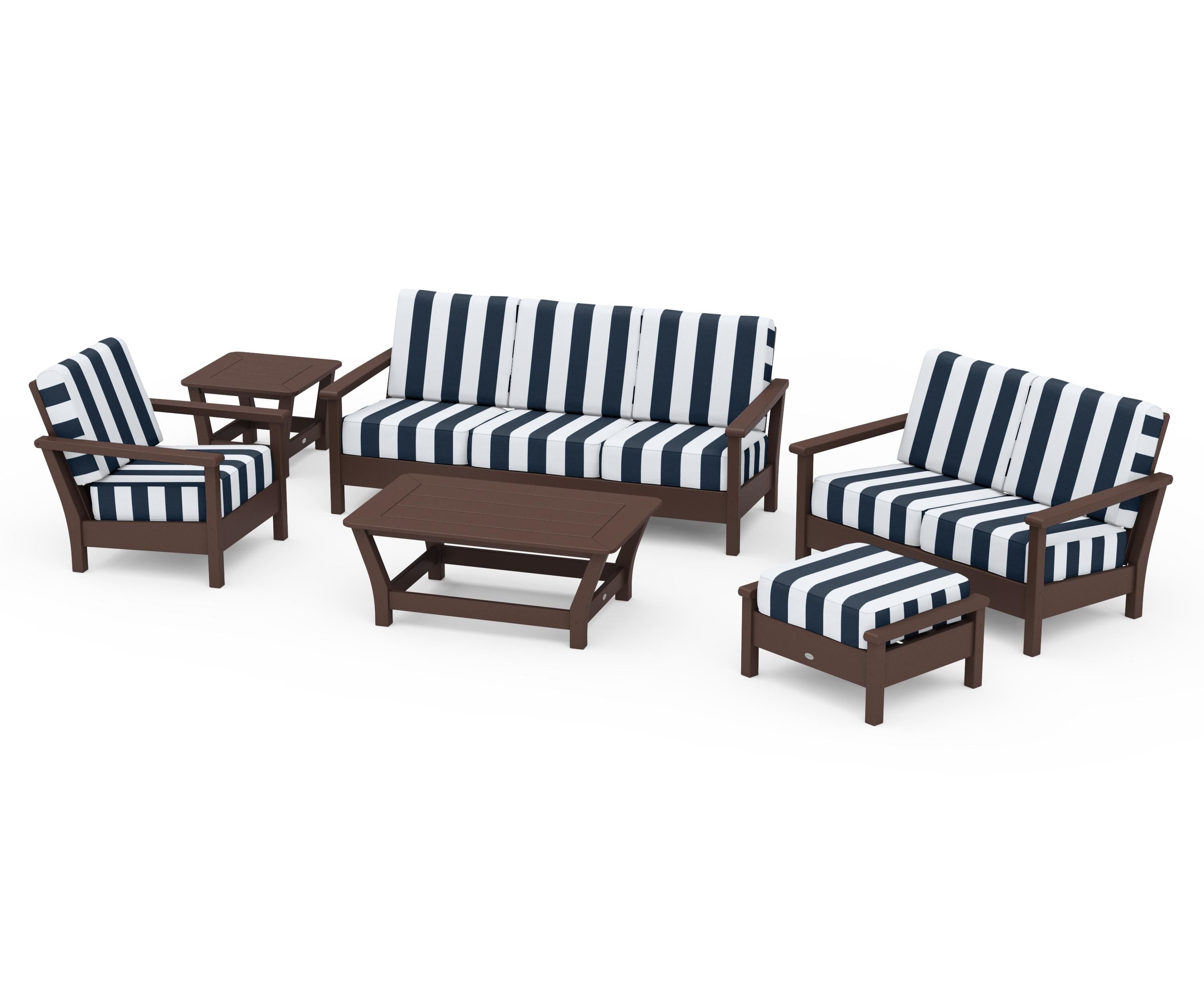 POLYWOOD® Harbour 6-Piece Outdoor Living Set in Mahogany / Cabana Stripe Marine Indigo