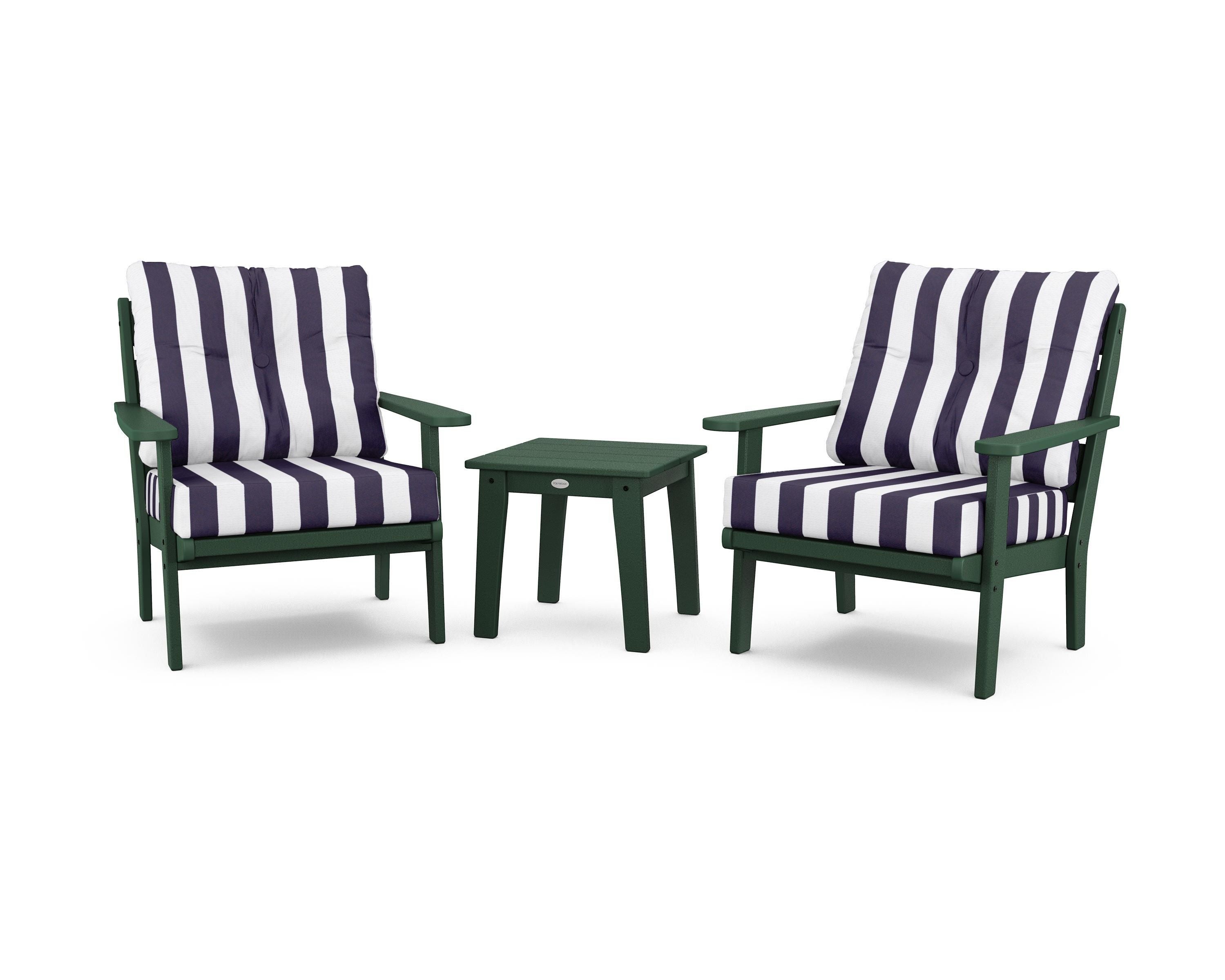POLYWOOD® Lakeside 3-Piece Deep Seating Chair Set in Green / Cabana Stripe Navy