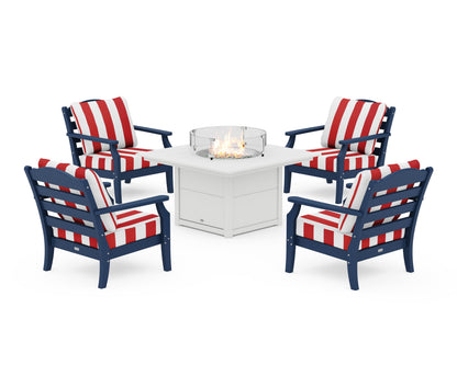 Draper James™ by  POLYWOOD® Savannah 5-Piece Deep Seating Set with Fire Pit Table in Navy / Cabana Stripe Crimson
