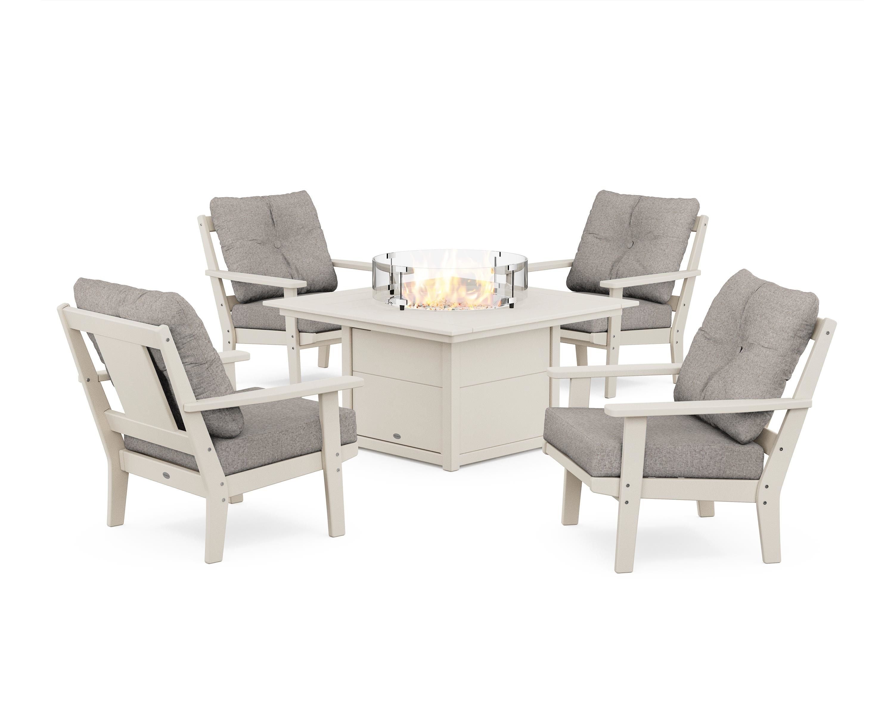 POLYWOOD® Prairie 5-Piece Deep Seating Set with Fire Pit Table in Sand / Weathered Tweed