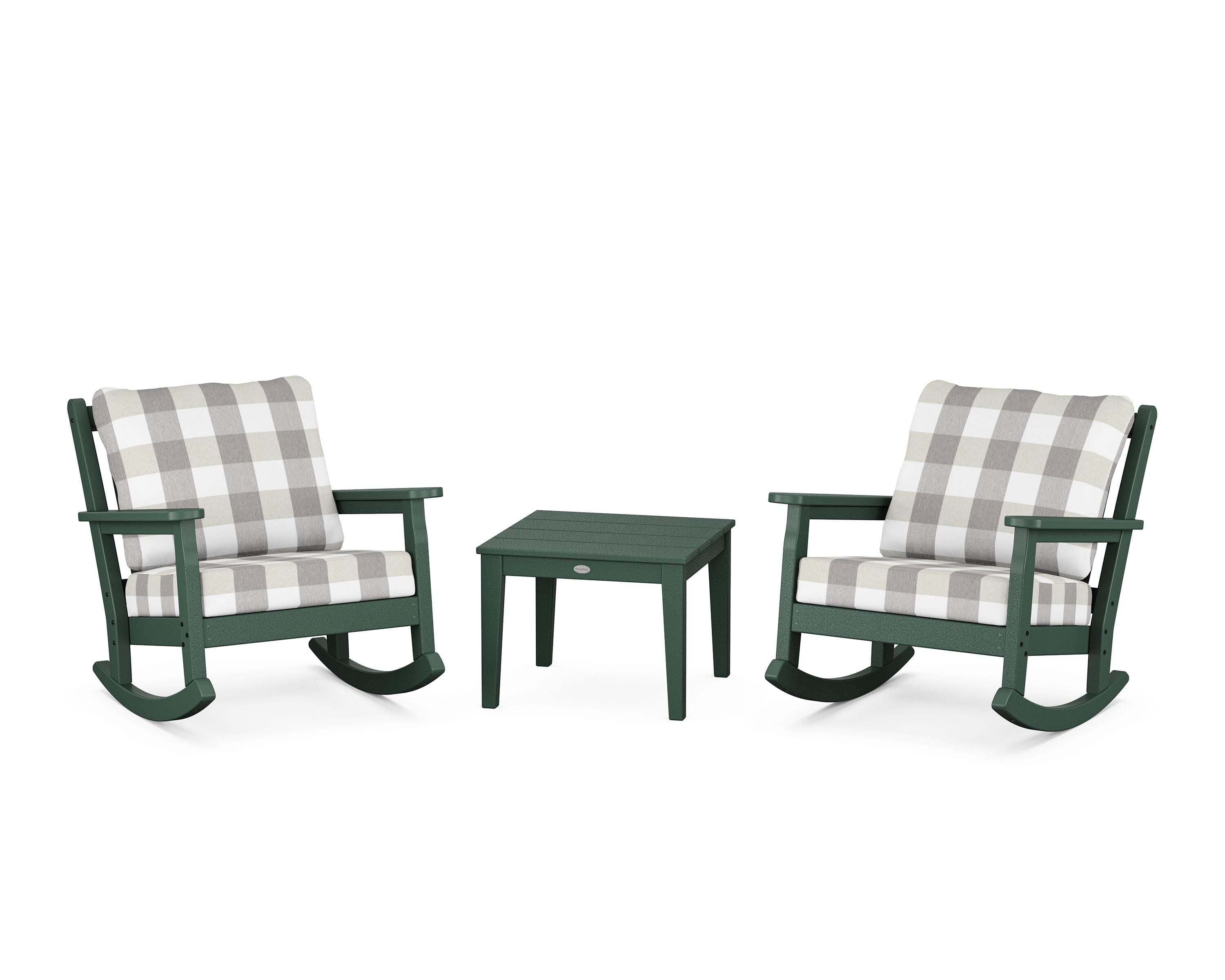 POLYWOOD® Chippendale 3-Piece Deep Seating Rocker Set in Green / Buffalo Plaid Grey Mist
