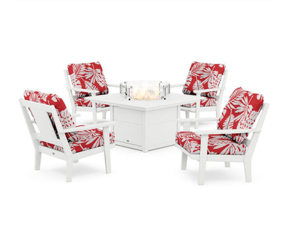 POLYWOOD® Prairie 5-Piece Deep Seating Set with Fire Pit Table in White / Leaf Crimson
