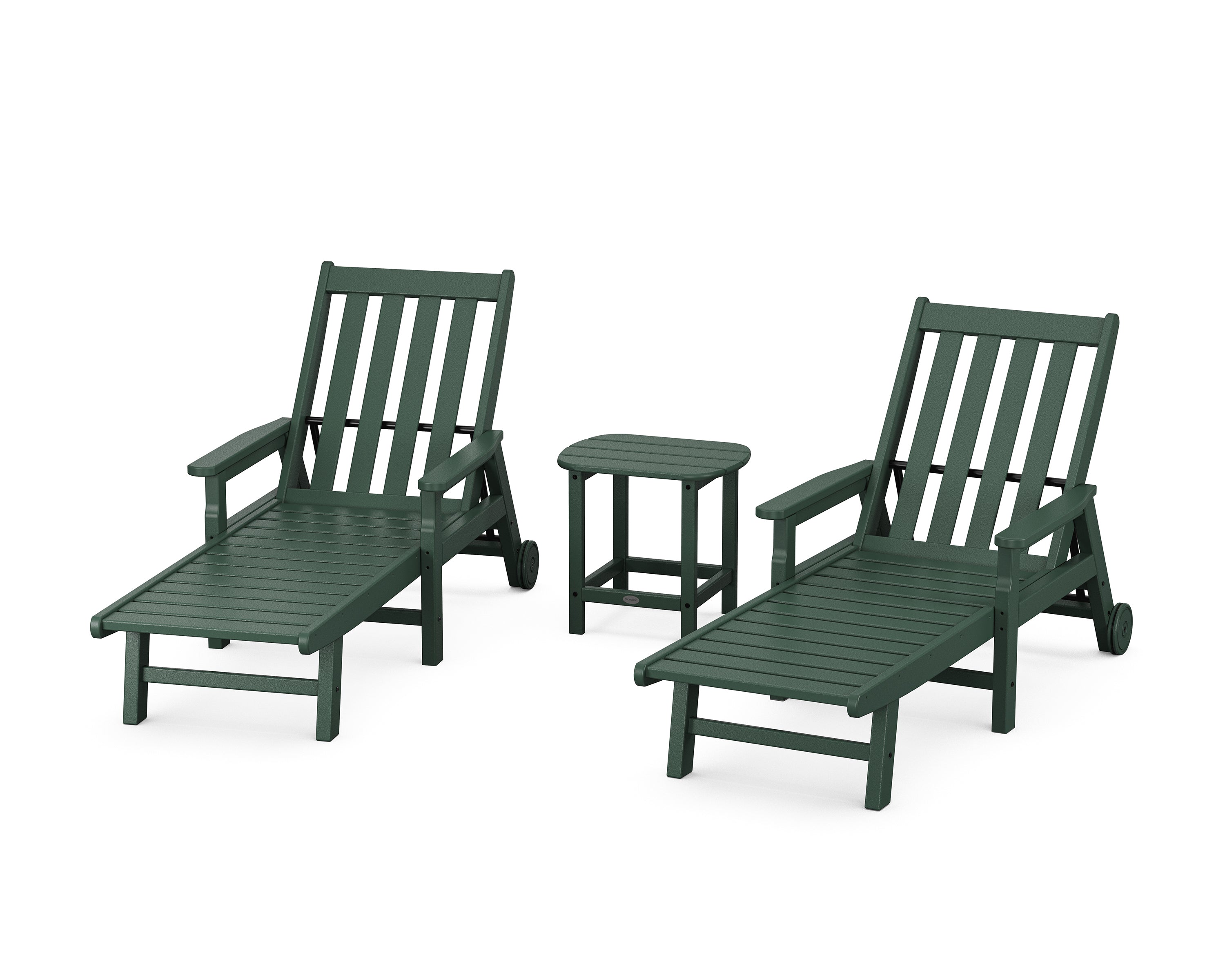 POLYWOOD® Vineyard 3-Piece Chaise with Arms and Wheels Set in Green