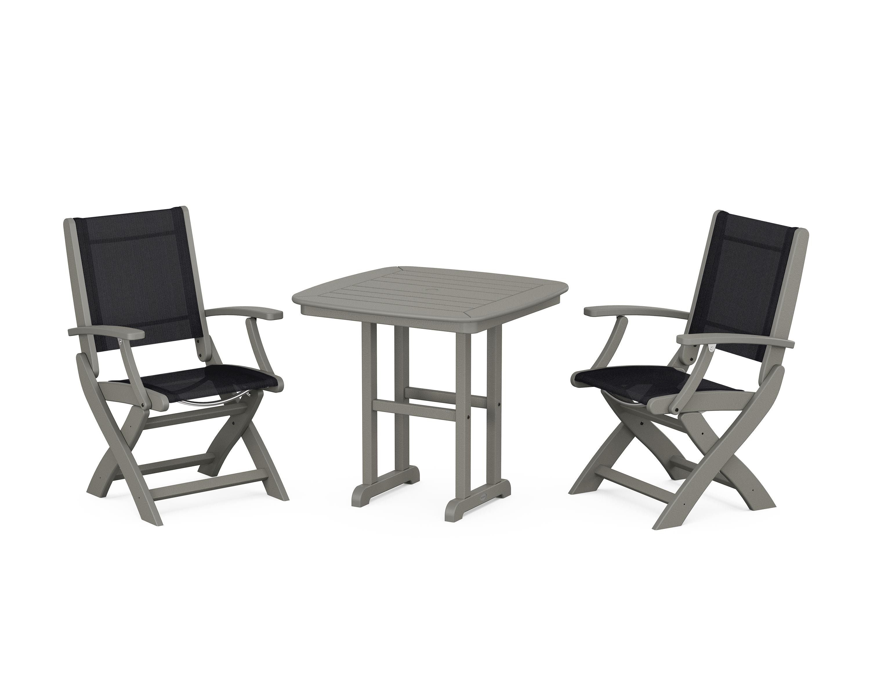 POLYWOOD® Coastal Folding Chair 3-Piece Dining Set in Slate Grey / Black Sling