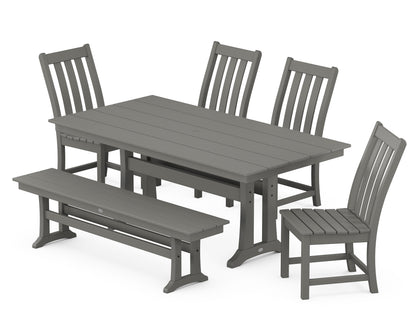 POLYWOOD® Vineyard Side Chair 6-Piece Farmhouse Dining Set with Trestle Legs and Bench in Slate Grey