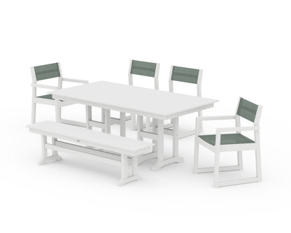 POLYWOOD® EDGE Sling 6-Piece Farmhouse Dining Set in White / Dupioni Sea Mist Sling