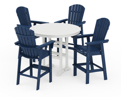 POLYWOOD® Nautical Curveback Adirondack 5-Piece Round Trestle Bar Set in Navy / White