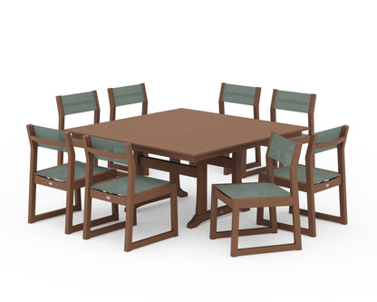 POLYWOOD® EDGE Sling Side Chair 9-Piece Farmhouse Trestle Dining Set in Teak / Dupioni Sea Mist Sling