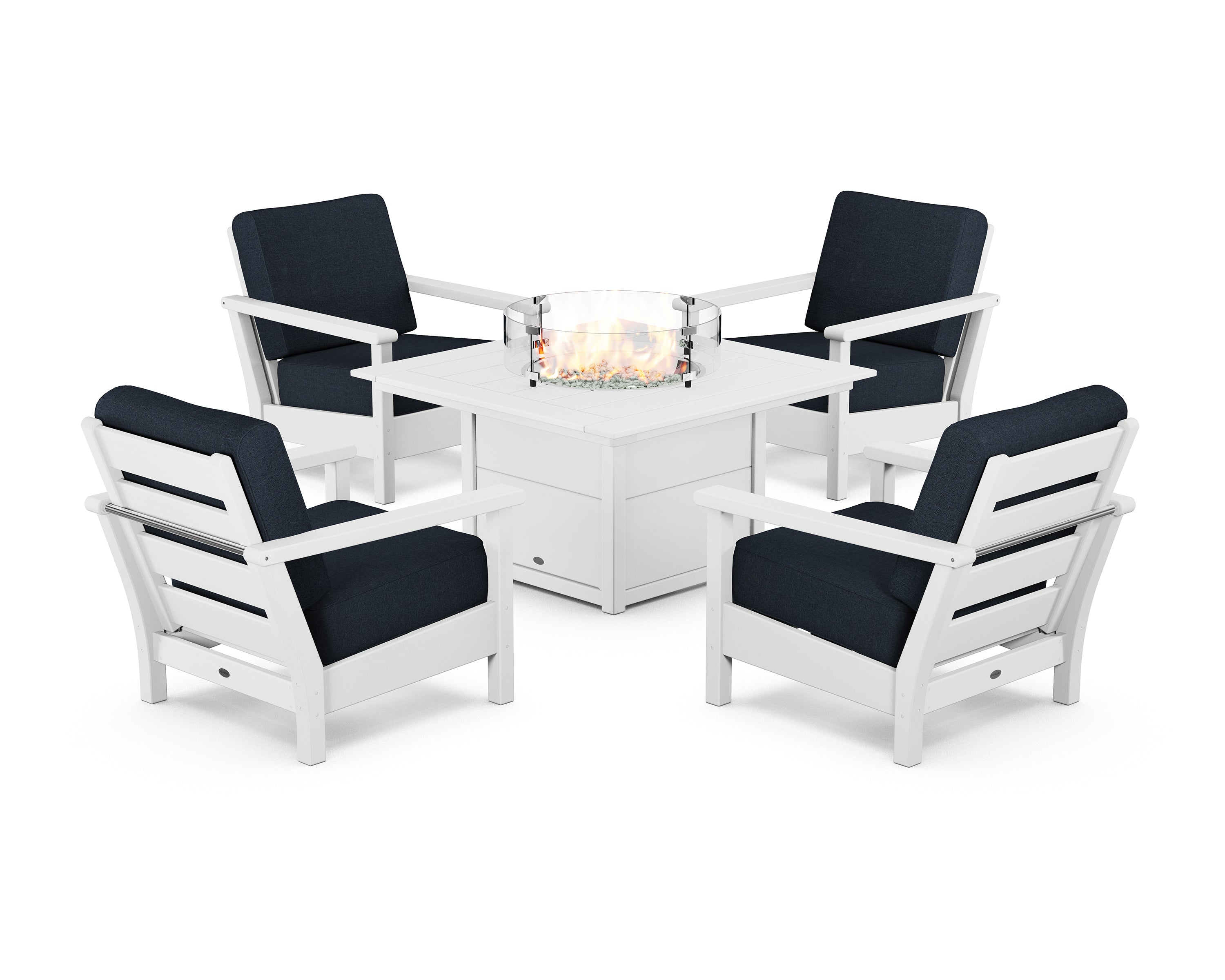 POLYWOOD® Harbour 5-Piece Conversation Set with Fire Pit Table in White / Marine Indigo