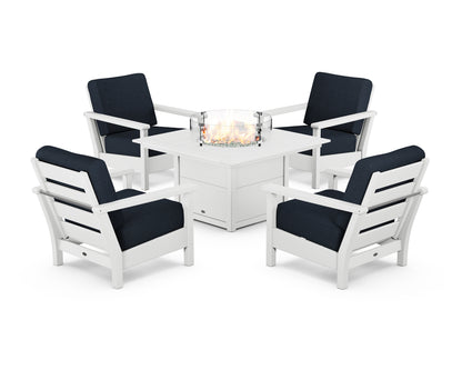 POLYWOOD® Harbour 5-Piece Conversation Set with Fire Pit Table in White / Marine Indigo