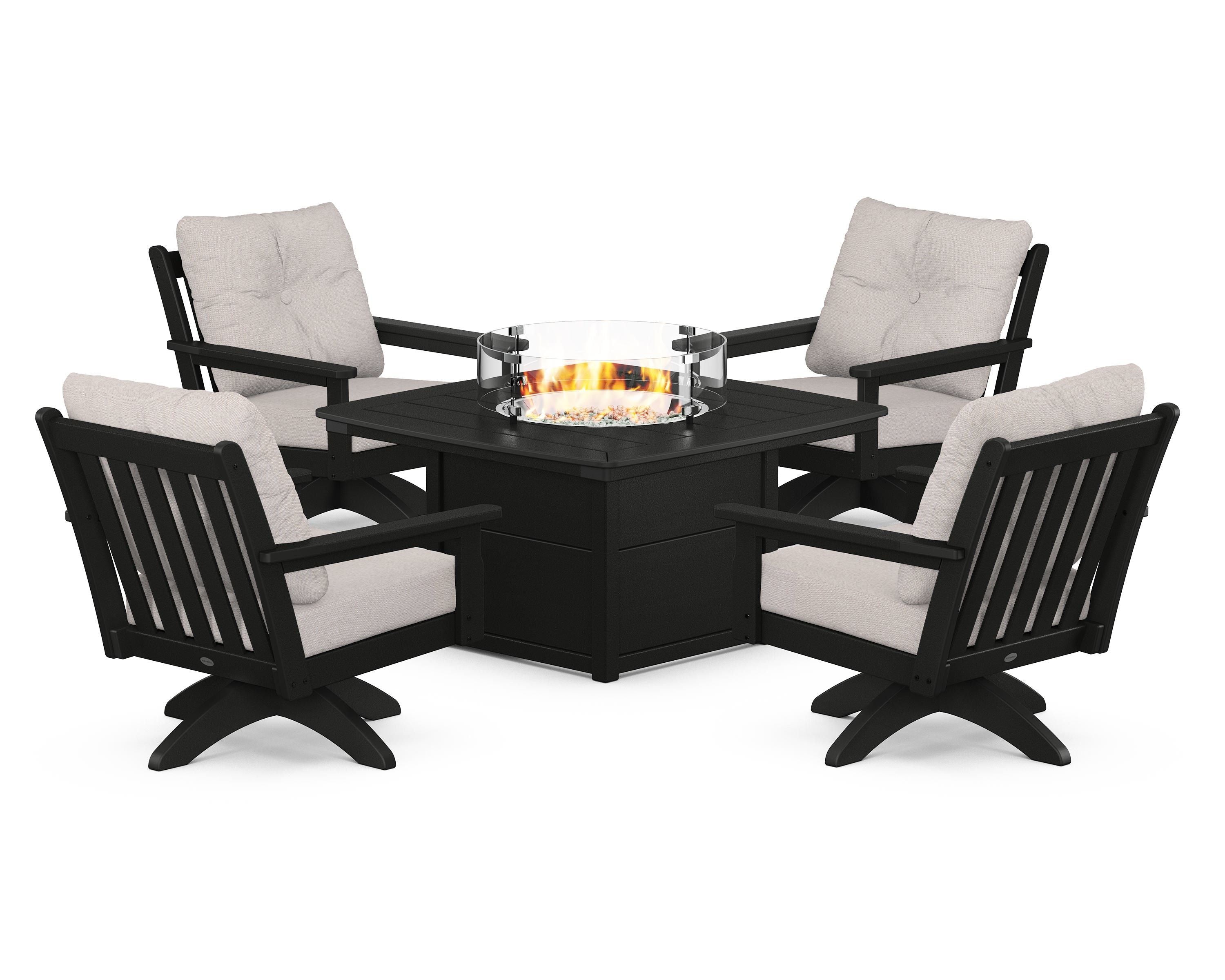 POLYWOOD® Vineyard 5-Piece Deep Seating Swivel Conversation Set with Fire Pit Table in Black / Dune Burlap