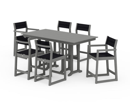 POLYWOOD® EDGE Sling 7-Piece Farmhouse Counter Set with Trestle Legs in Slate Grey / Black Sling