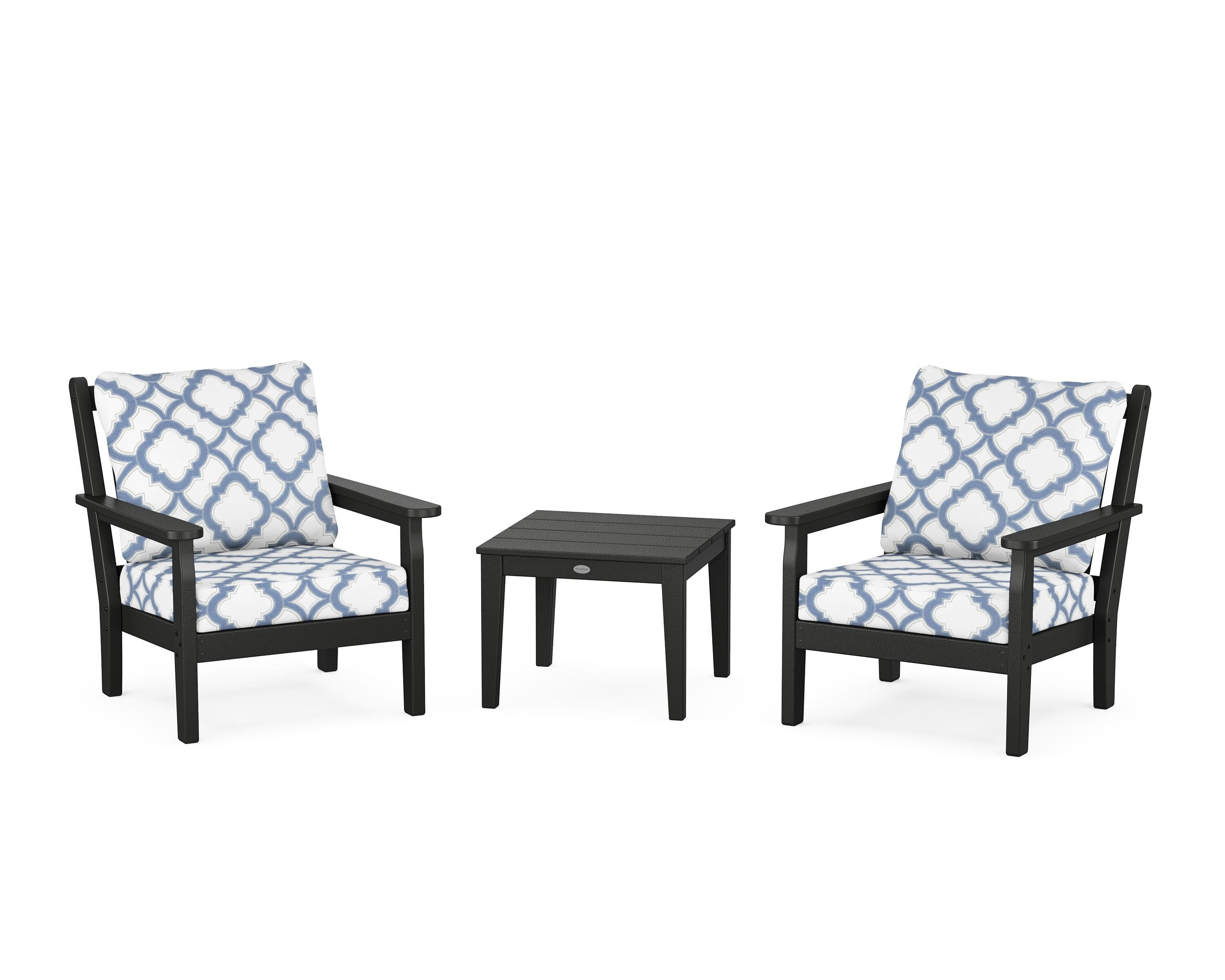 POLYWOOD® Chippendale 3-Piece Deep Seating Set in Black / Trellis Sky Blue