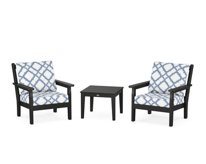 POLYWOOD® Chippendale 3-Piece Deep Seating Set in Black / Trellis Sky Blue