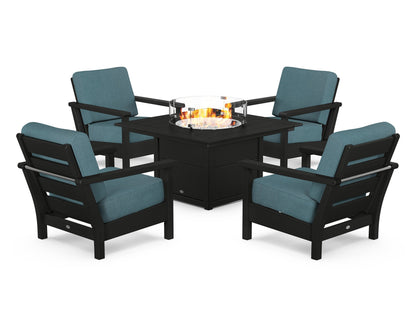 POLYWOOD® Harbour 5-Piece Conversation Set with Fire Pit Table in Black / Ocean Teal