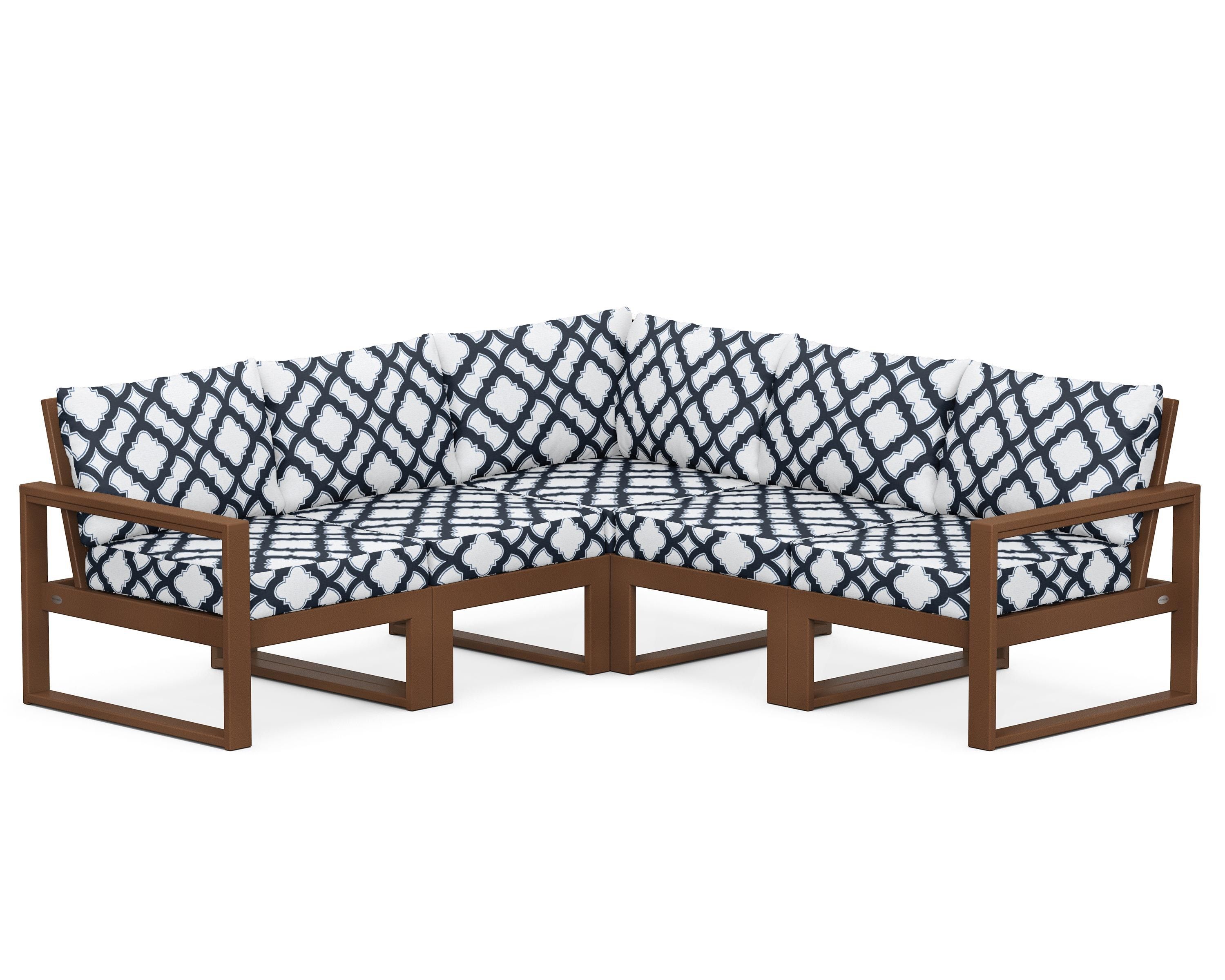 POLYWOOD® EDGE 5-Piece Modular Deep Seating Set in Teak / Trellis Marine Indigo