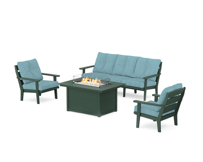 POLYWOOD® Lakeside Deep Seating Fire Pit Table Set in Green / Lattice Sky Blue