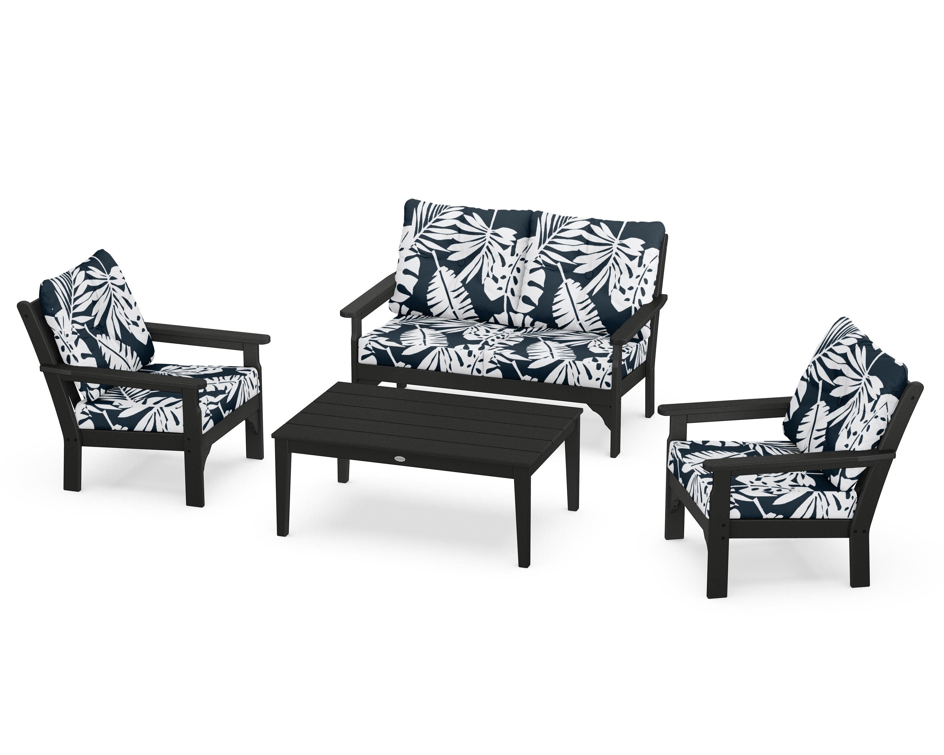 POLYWOOD® Vineyard 4-Piece Deep Seating Set in Black / Leaf Marine Indigo