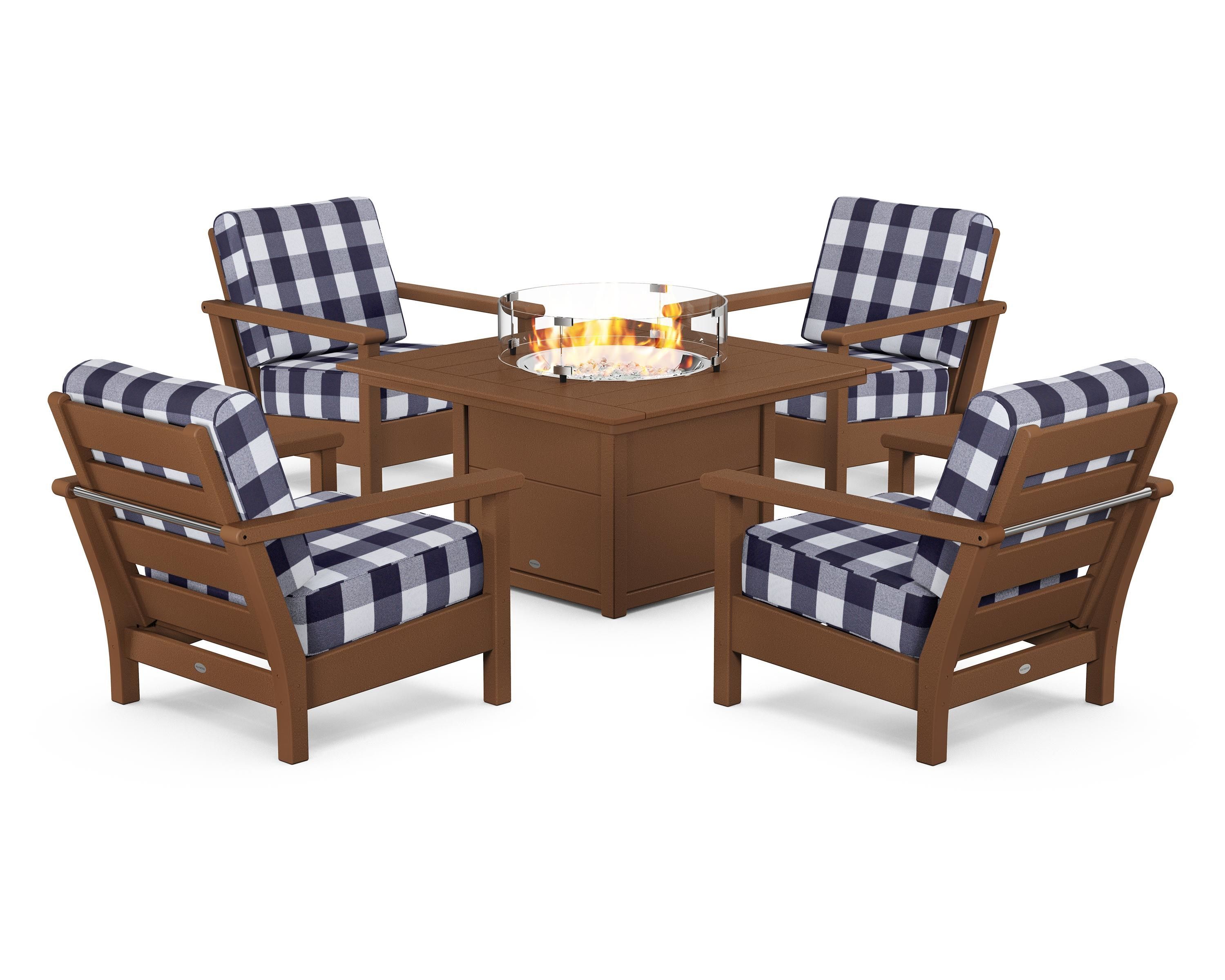POLYWOOD® Harbour 5-Piece Conversation Set with Fire Pit Table in Teak / Buffalo Plaid Navy