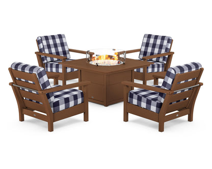 POLYWOOD® Harbour 5-Piece Conversation Set with Fire Pit Table in Teak / Buffalo Plaid Navy