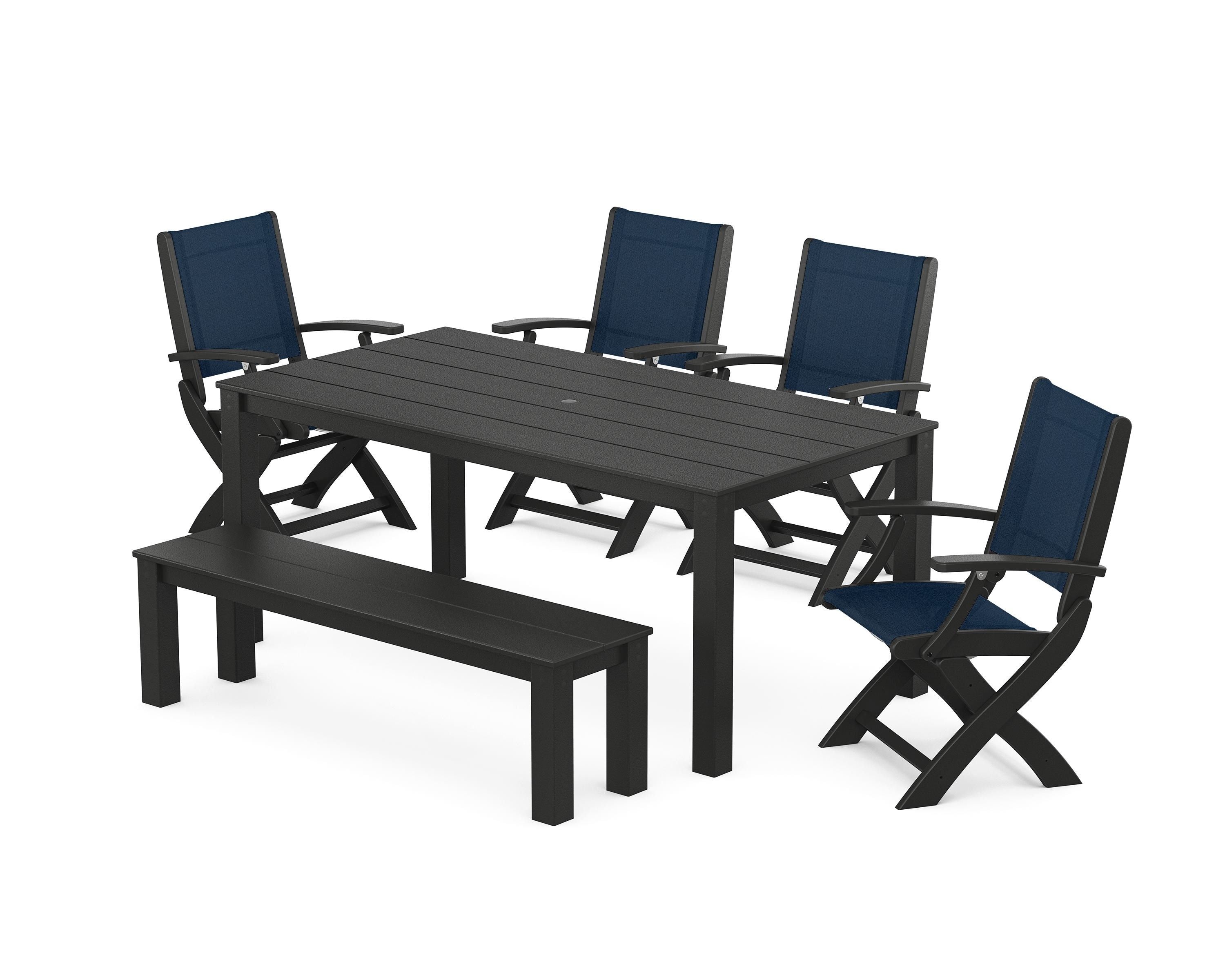 POLYWOOD® Coastal Folding Chair 6-Piece Parsons Dining Set with Bench in Black / Navy Blue Sling