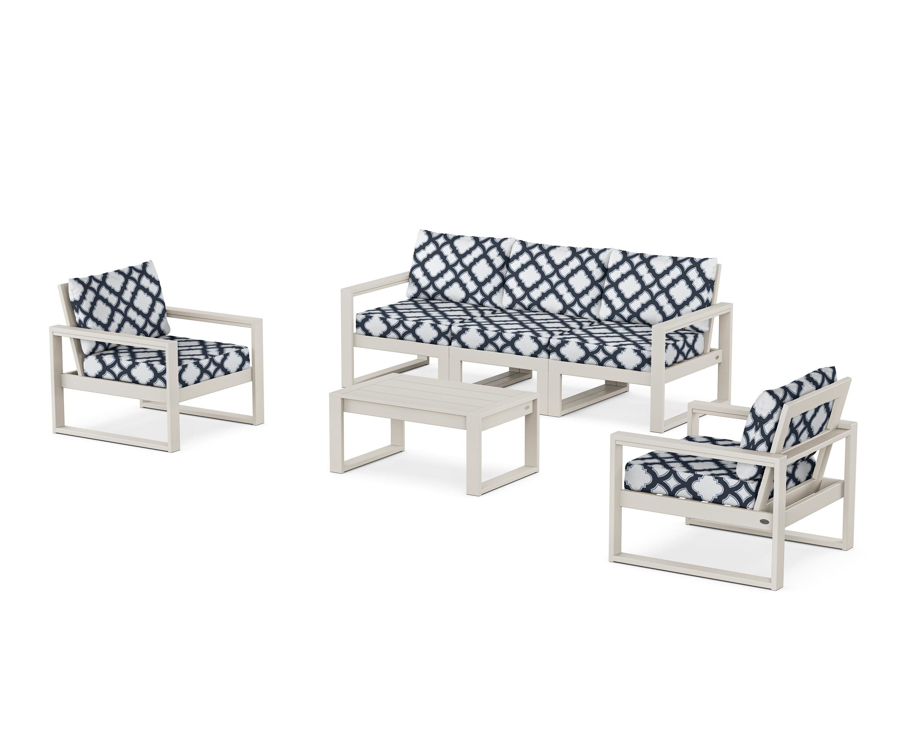 POLYWOOD® EDGE Sectional 4-Piece Deep Seating Set with Sofa in Sand / Trellis Marine Indigo