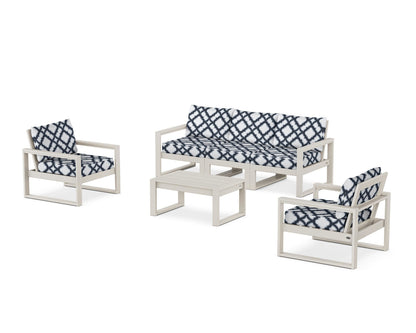 POLYWOOD® EDGE Sectional 4-Piece Deep Seating Set with Sofa in Sand / Trellis Marine Indigo