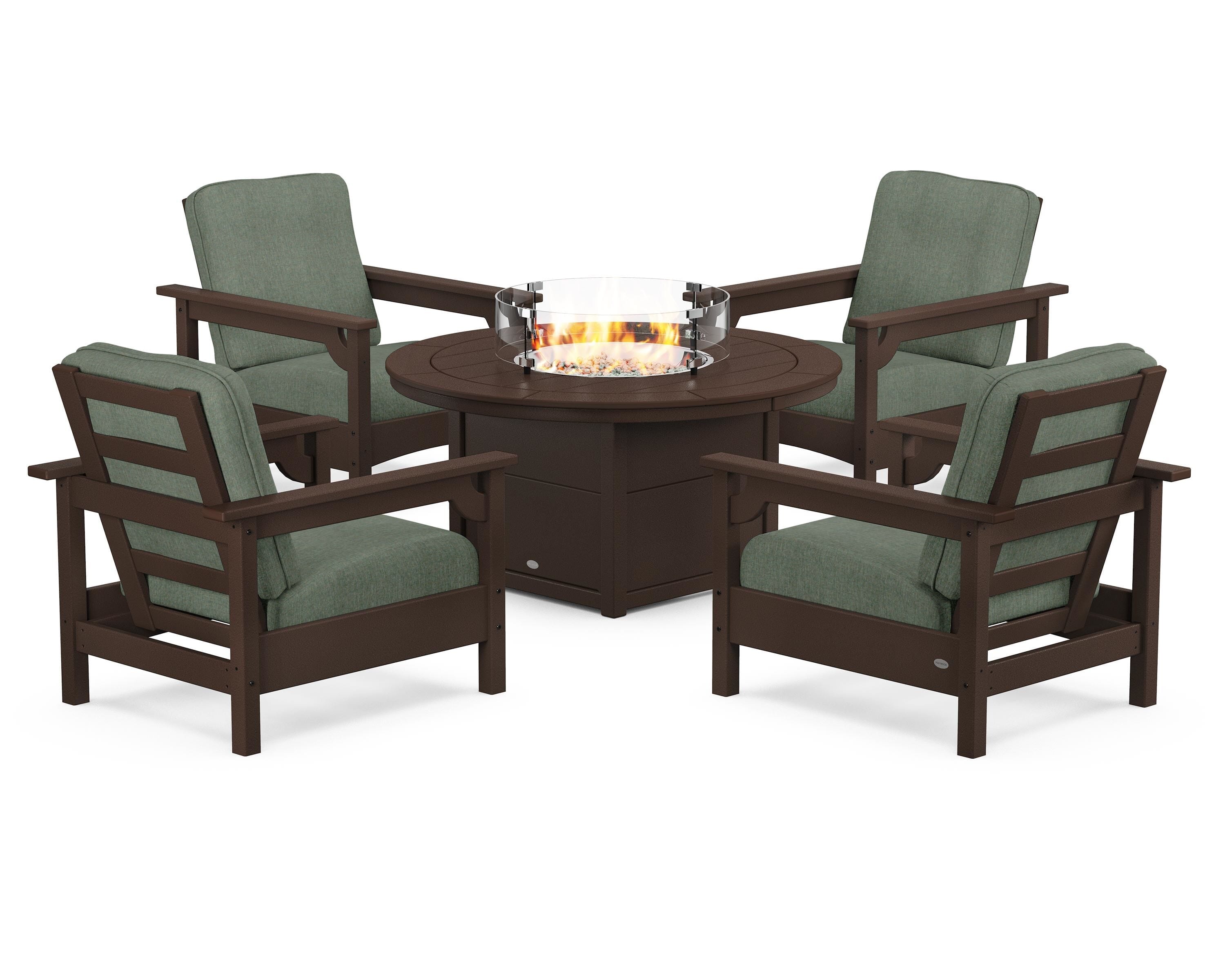 POLYWOOD® Club 5-Piece Conversation Set with Fire Pit Table in Mahogany / Cast Sage