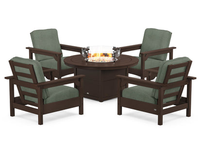POLYWOOD® Club 5-Piece Conversation Set with Fire Pit Table in Mahogany / Cast Sage