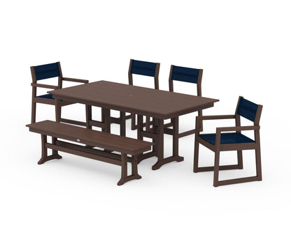 POLYWOOD® EDGE Sling 6-Piece Farmhouse Dining Set in Mahogany / Navy Blue Sling